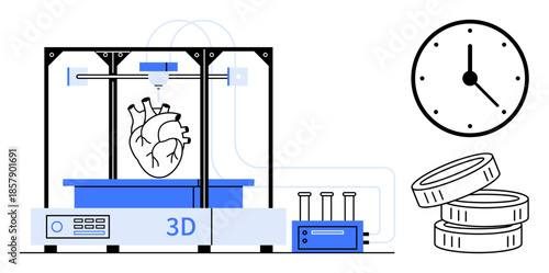 Medical innovation, 3D bioprinting, healthcare technology, future medicine, cost efficiency, time management. Graphic of a 3D printer creating a heart model, coins and a clock. Medical innovation
