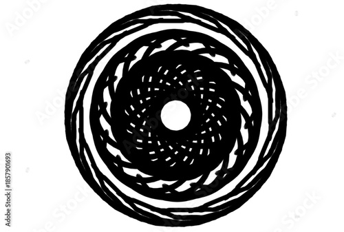 A black and white illustration of a circular design with concentric circles