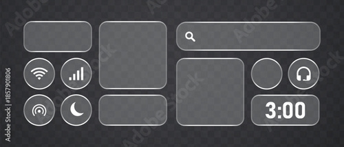 Liquid Glass UI Interface Isolated. White Transparent Frame Square and Circle Banner with Shine Stroke. Control center widget for smartphone and web app, Vector Illustration