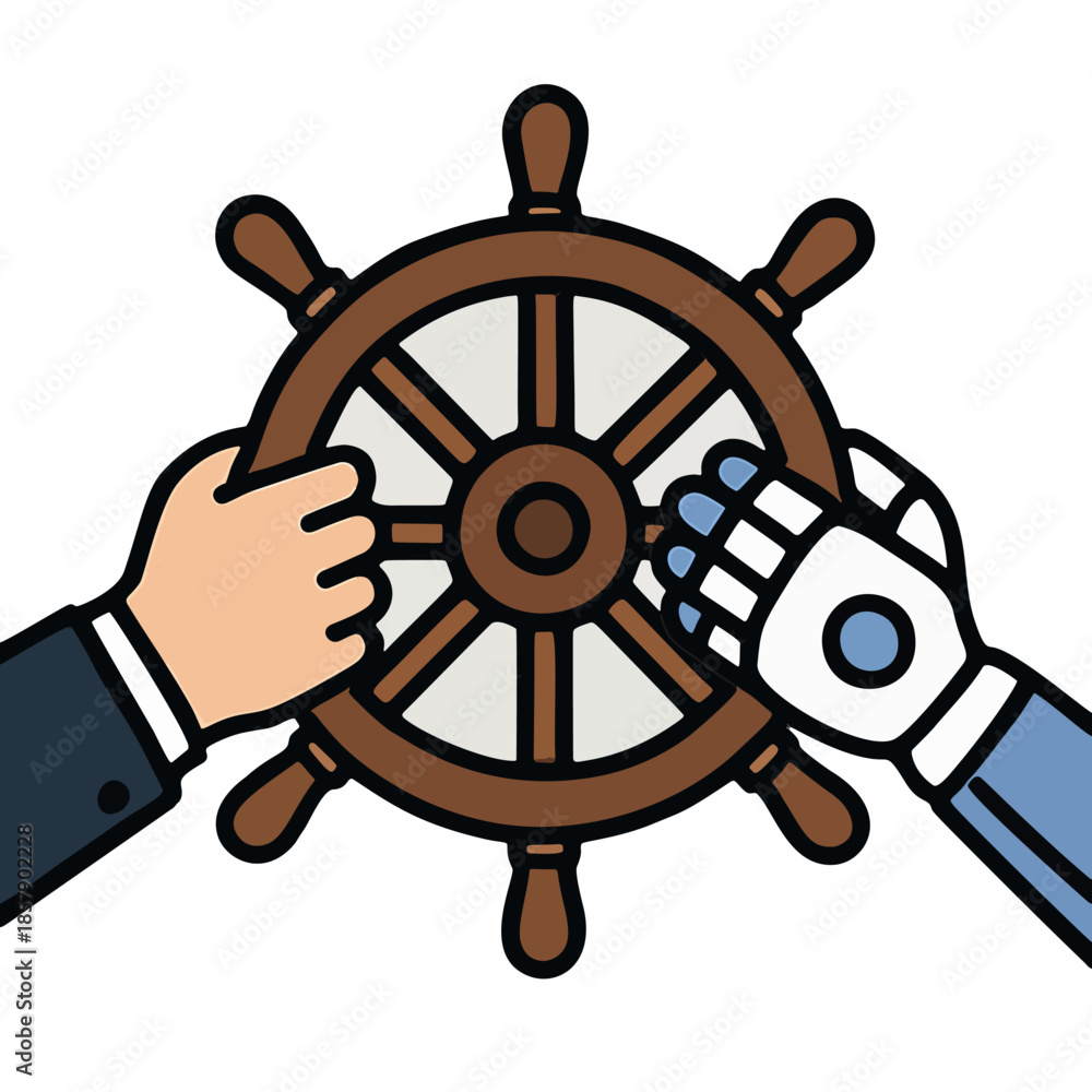 Obraz premium Icon Al Co-Pilot for Work: A human and an Al robot hand jointly steering a ship's wheel.