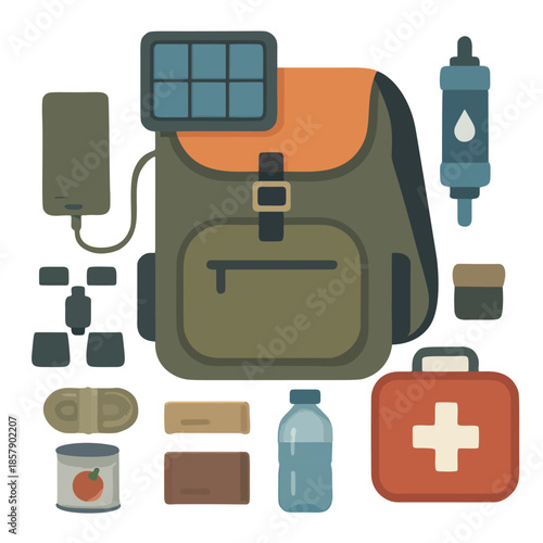 Icon Prepper 2.0 / Rational Preparedness: A modern backpack with tech (solar charger, water filter) and supplies.