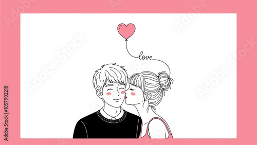 A Couple Sharing A Sweet Kiss Underneath A Heart-Shaped Balloon Tied With The Word Love