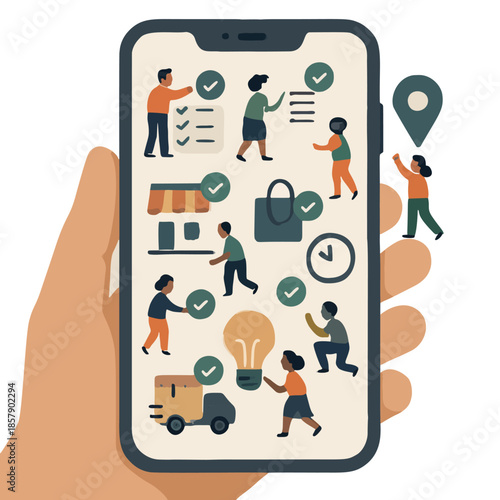 Icon Microtask Gig Economy: A smartphone screen with many tiny, diverse task icons being completed.