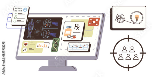 Computer screen displaying medical history, diagnostics, RX details, and patient tracking. Ideal for healthcare technology, data analysis, precision medicine, patient monitoring, AI healthcare