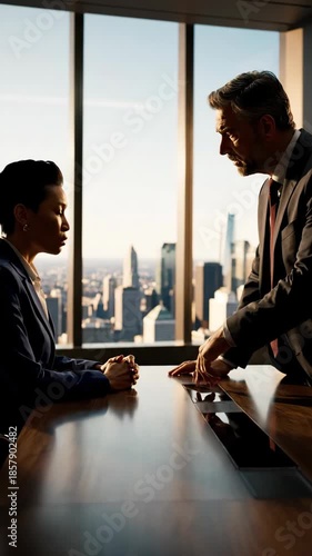 Business professionals in a meeting discussing strategies in a modern office with city views.