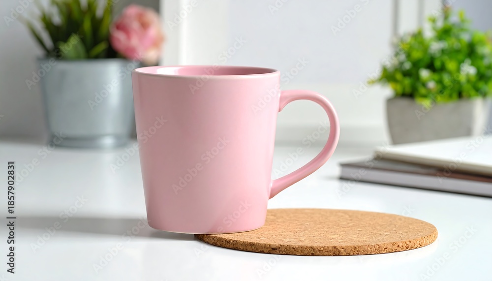 Obraz premium A pastel pink mug sits on a cork coaster against a white backdrop. Green plants and books are visible
