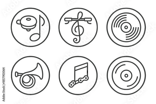 Musical Cycling Icons. Line style circular vector icons of cycling melody: bike bell as note, handlebar shaped like clef, wheel