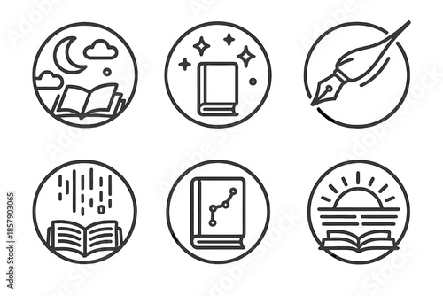 Celestial Literature Icons. Line style circular vector icons of celestial literature: moonlight reading under clouds, starry book