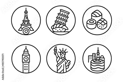 Global Sushi Icons. Line style circular vector icons of global sushi: sushi roll shaped like Eiffel Tower, nigiri leaning like