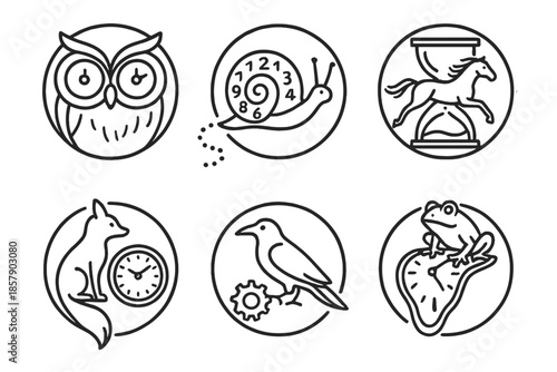 Nature Timekeepers Icons. Line style circular vector icons of timekeepers of nature: owl clock face eyes, snail trail forming