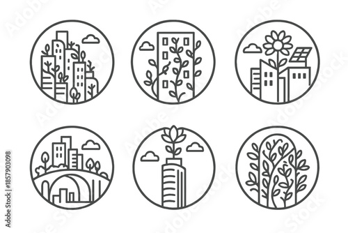 Eco-Friendly Cityscape. Line style circular vector icons of eco skyline: skyscraper garden terraces, vines climbing walls, solar