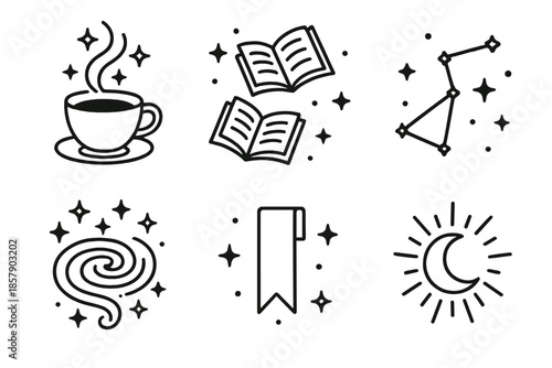 Coffee Constellation Magic. Line style icons of Coffee Universe: cup with steam forming stars, floating books, glowing