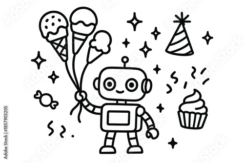 Sweet Robot Celebration. Line style icons of Sweet Robot Party: robot holding floating ice cream-shaped balloons, glowing sparkles