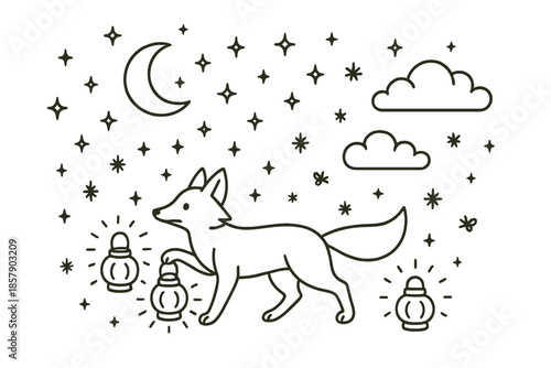 Fox's Magical Night. Line style icons of Nighttime Adventure: fox carrying glowing lanterns, twinkling stars, floating moon, tiny