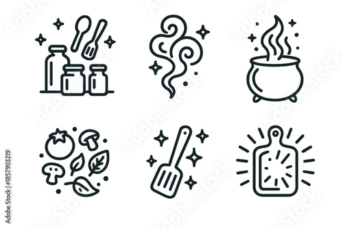 Enchanted Kitchen Icons. Line style icons of Enchanted Cooking: spice jars and floating utensils, mystical smoke, glowing steam,
