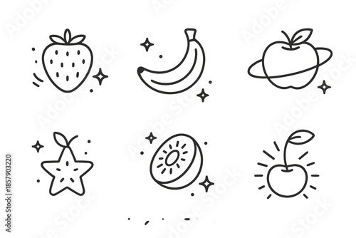 Cosmic Fruit Icons. Line style icons of Cosmic Fruits: floating strawberry, crescent banana, glowing blueberry, orbiting apple,