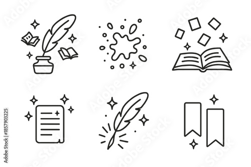 Magical Writing Icons. Line style icons of Magical Writing: quill with floating books, glowing ink splashes, tiny hovering pages,