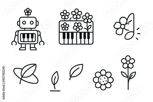 Floral Music Innovator. Line style icons of Floral Robot Music: robot, piano made of flowers, floating blossom, glowing note,