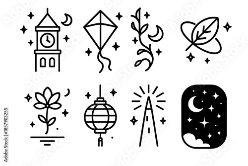 Nighttime Kite Icons. Line style icons of Night Kites: clocktower, floating kite, glowing vine, orbiting leaf, levitating blossom,