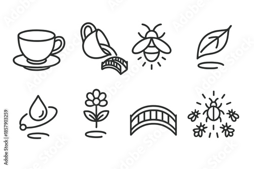 Enchanted Teacup Icons. Line style icons of Enchanted Teacup: teacup, pouring miniature bridge, glowing lightning bug, floating