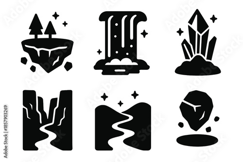 Mystical Landscape Icons. Solid style icons of mystical landscapes in : floating island, luminous waterfall, crystal spire,