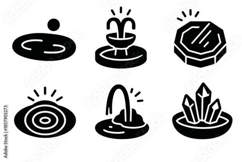 Mystical Water Icons. Solid style icons of mystical water features in : reflective pond, glowing fountain, prism pool, radiant