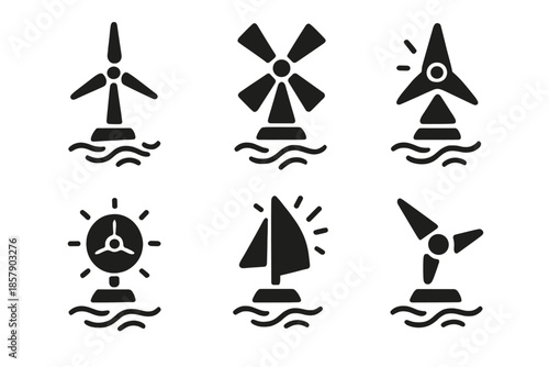 Mystical Wind Structures. Solid style icons of mystical wind structures in : floating turbine, levitating windmill, prism vane,