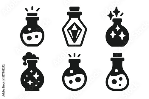 Magical Mixtures Icons. Solid style icons of magical mixtures in : glowing liquid, prism potion, radiant elixir, ethereal brew,