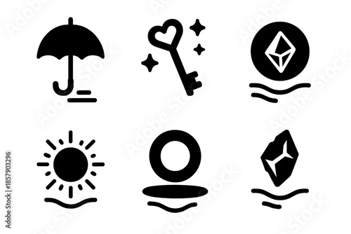 Mystical Floating Icons. Solid style icons of levitating mystical elements in : floating umbrella, hovering key, prism orb,
