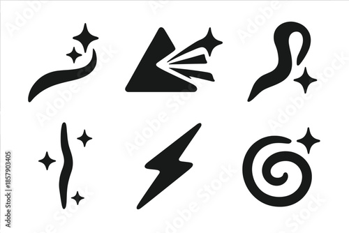 Mystical Light Icons. Solid style icons of mystical light effects in : glowing trail, prism spark, radiant ribbon, ethereal