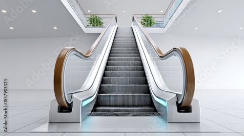 The escalator is very tall and has a wooden handrail. The stairs are white and the handrail is brown