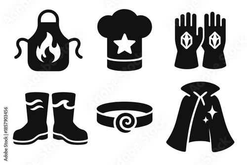 Magical Chef Iconic Attire. Solid style icons of chef’s magical attire: apron flame, hat star, gloves prism, boots wave, belt