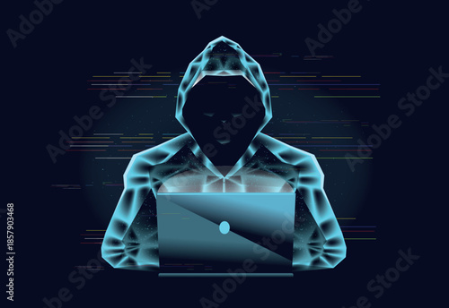 Digital hacker concept. Abstract cyber scammer hack attack, internet fraud computer ransomware technology data thread scam phishing virus cybercrime, classy vector illustration