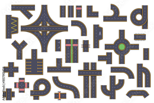 Road map creation kit. Highway elements top view, above curve roadway roundabout intersection crossroad city street traffic path race track asphalt corner kicky vector illustration
