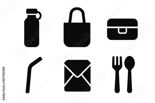 Eco-Friendly Accessories Icons. Solid style icons of eco-friendly accessories: reusable bottle, cloth bag, prism lunchbox, prism