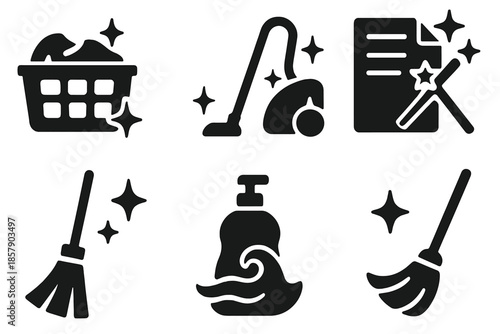 Everyday Alchemy Icons. Solid style icons of everyday alchemy: laundry basket sparkle, vacuum stars, grocery list wand, broom