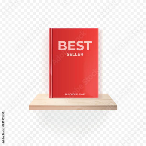 Bestseller book. Realistic red book best seller concept, product display mockup books wooden shelf bookstore bookshop library bookshelf new novel presentation vector illustration
