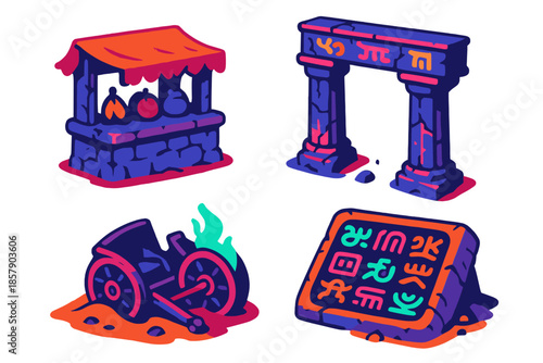 Fictional Civilization Ruins. Isometric vector illustration set Paleontology of Fictional Civilizations: petrified market stalls,