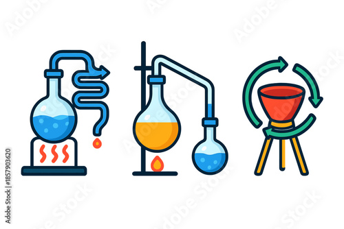 Zero-Waste Alchemy Lab. Isometric vector illustration set Zero-Waste Alchemy Lab Equipment: distillation apparatus with circular