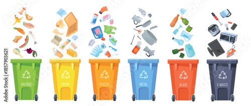 Waste segregation. Trash sorting, selective collect garbage separating recycling rubbish classification plastic bins containers glass bottle paper organic, neat vector illustration