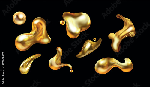 Golden liquid blob. Gold metal drop, 3d element realistic abstract bubble floating fluid splash isolated water drops molten iridescent shapes y2k design, exact vector illustration