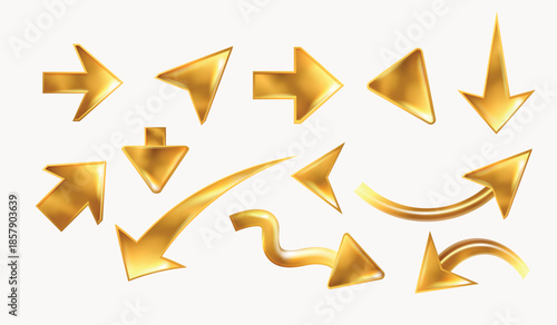3d golden arrows. Realistic gold liquid mouse cursor, abstract y2k pointer figure up down left right perspective sign inflate balloon arrows, exact isolated vector illustration