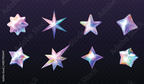 3d holographic stars. Realistic inflated balloon twinkle star, hologram bling bubble shape y2k neon sparkle violet chrome element holo icons, isolated exact vector illustration