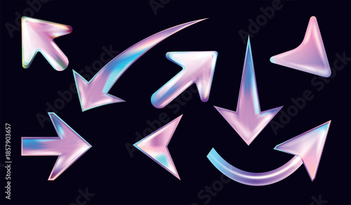 3d holographic arrows. Realistic hologram arrow, mouse cursor click button abstract y2k icon neon purple up down left right pointer holo glass element, exact vector illustration