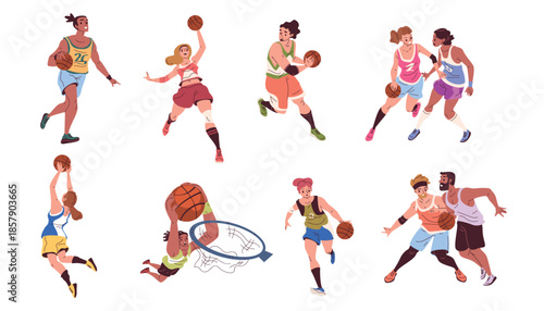 Basketball players. Athletes sport uniform playing game throwing ball in basket, man woman players defense offense play isolated cartoon characters set classy vector illustration