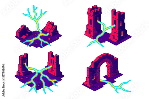 Neural Architectural Ruins. Isometric vector illustration set Architectural Ruins as Neural Pathways: shattered walls forming