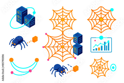 Spiderweb Internet Map. Isometric vector illustration set Spiderwebs mapping internet connections: orbiting glowing spiderwebs