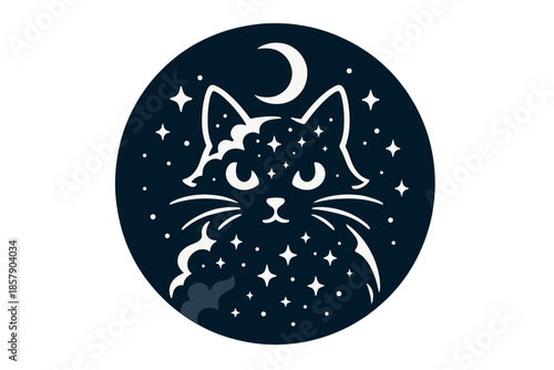 Cosmic Galaxy Cat. Solid style round vector icons of mysterious galaxy cat: nebula cloud, glowing whiskers, crescent eyes, star