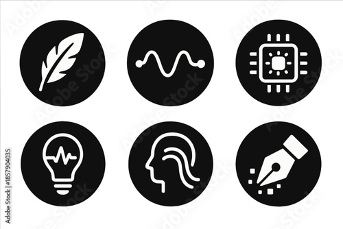 Tech Imagination Icons. Solid style round vector icons of tech imagination: feather stroke, electronic wave, microchip glow,