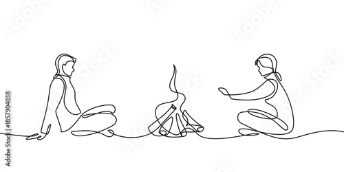 Continuous line art drawing of people sit by bonfire. Tourists, man and woman, sitting around campfire, warming hands and talking. Black linear design isolated on white background. Vector illustration